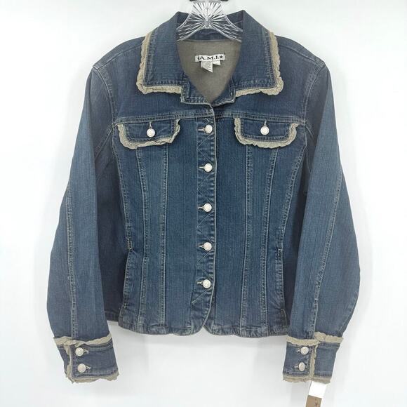 A.M.I. Country Western Lace Trimmed Indigo Jean Jacket Womens Size XL Feminine - Picture 1 of 8